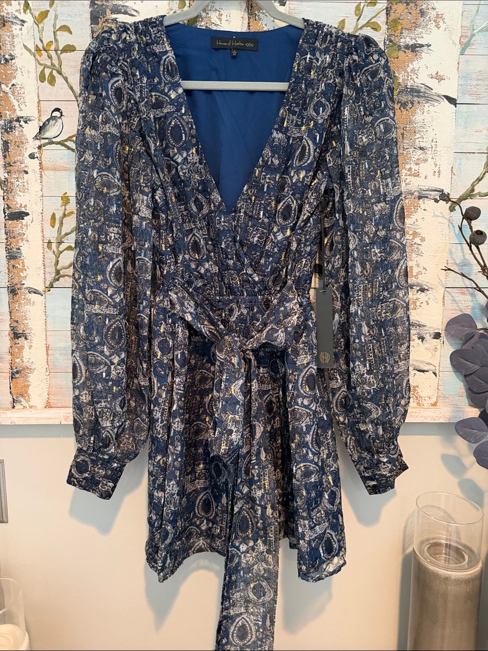 House of Harlow 1960 Navy Blue Paisley Tie-Waist Long Sleeve Dress
